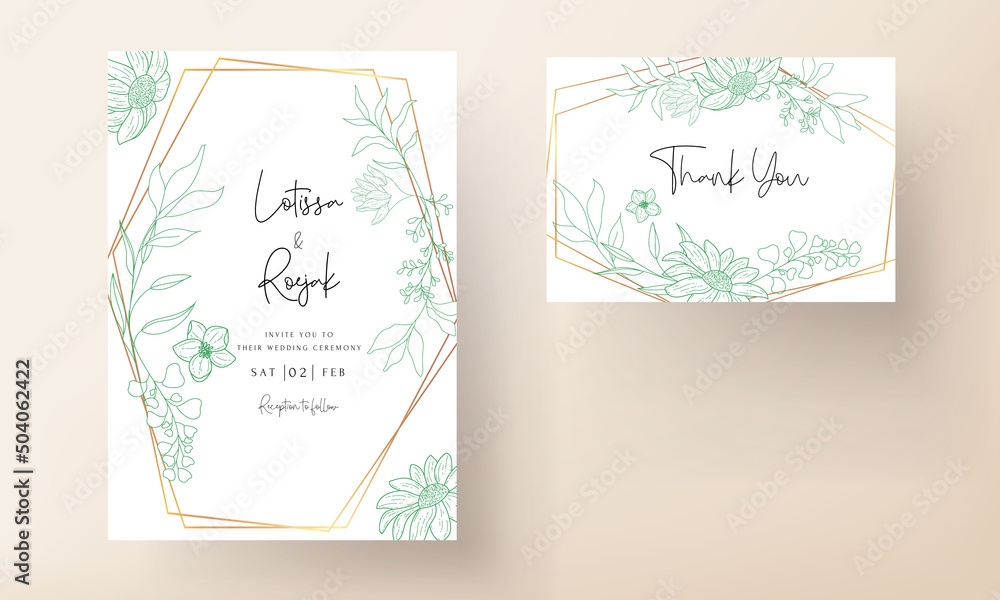 wedding invitation card with elegant monoline floral