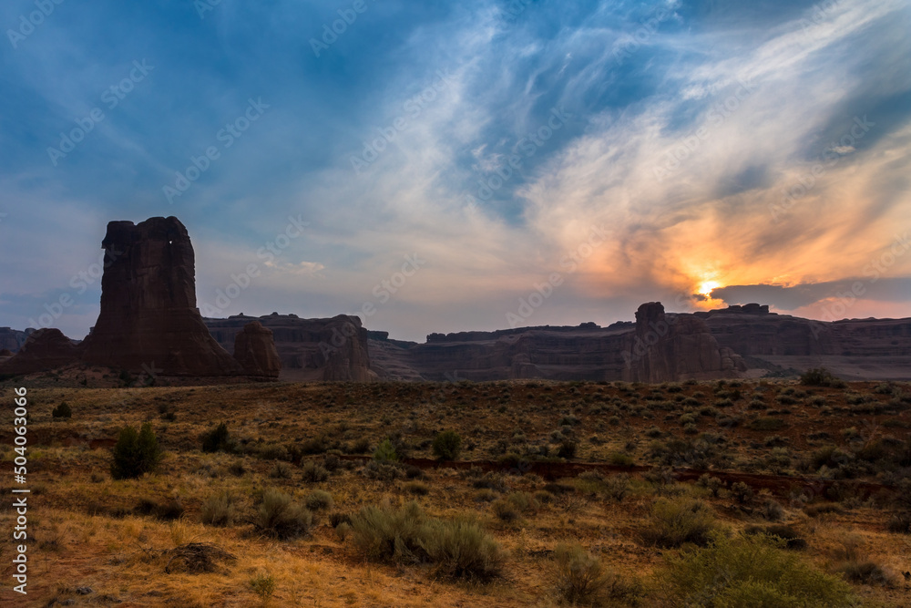 Rock formation in front of a sunset in Utah, USA
