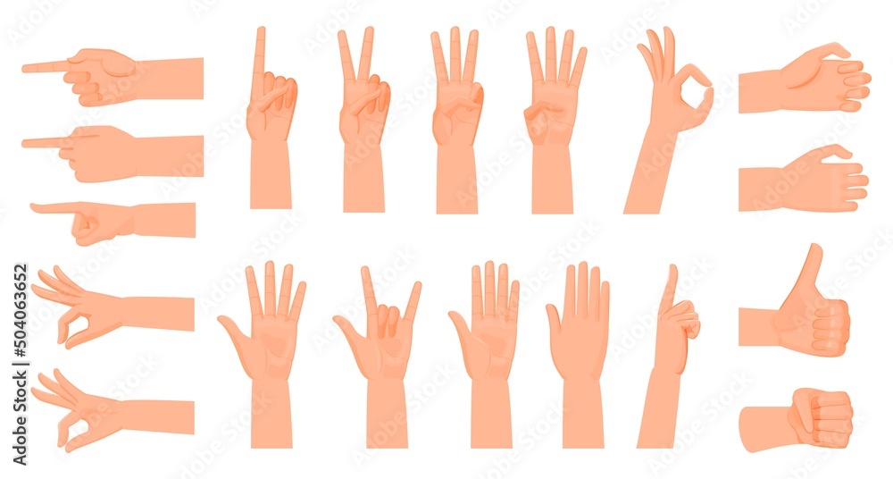 Hand gestures. Counting to five on fingers, cartoon flat style. Sign language Hand gestures. Counting to five on fingers, cartoon flat style. Sign language