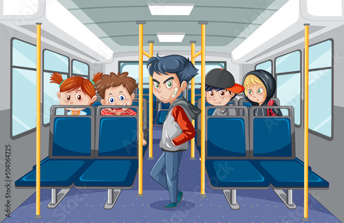 Bus interior with passengers cartoon characters