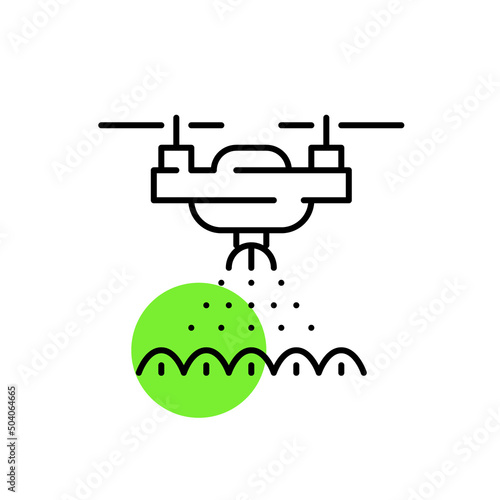 Remote control artificial intelligence drone watering crops. Pixel perfect, editable stroke icons