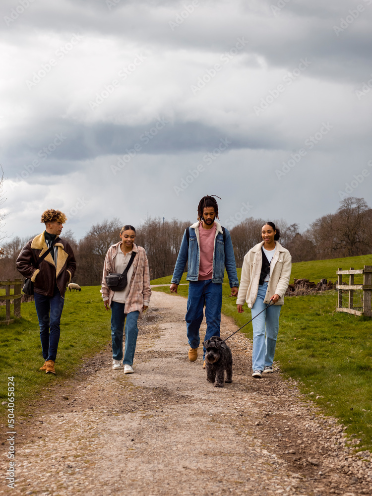 Group of young friends with dog in countryside