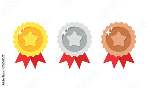 Flat vector illustration of gold, silver, and bronze medal with star. Suitable for design element of award medal, best prize badge, and winner symbol.