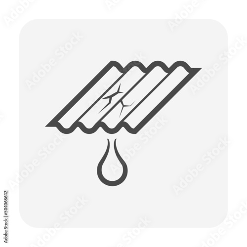 Roof tile damage and rain water leak or drip vector icon. May called broken, crack. Result of wind, missing, hail, hurricane, old. For repair, fix, maintenance by caulking sealant for home building.
