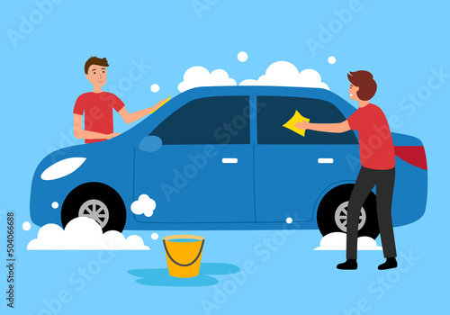 Man worker washing car in flat design. Car wash service center.