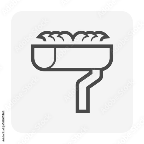 Rain gutter or eavestrough dirty vector icon. To clogged, blocked, full with moss, grass and leaf or leaves. Need maintenance, services, repair and cleanup for water drainage of roof home or house.
