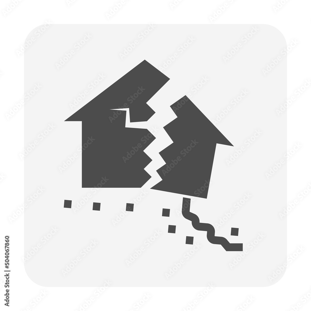 House building and ground collapse vector icon. Include debris, rubble, concrete crack, damage broken home. To destroy, destruction from natural disaster i.e. landslide, subsidence of soil, earthquake House building and ground collapse vector icon. Include debris, rubble, concrete crack, damage broken home. To destroy, destruction from natural disaster i.e. landslide, subsidence of soil, earthquake
