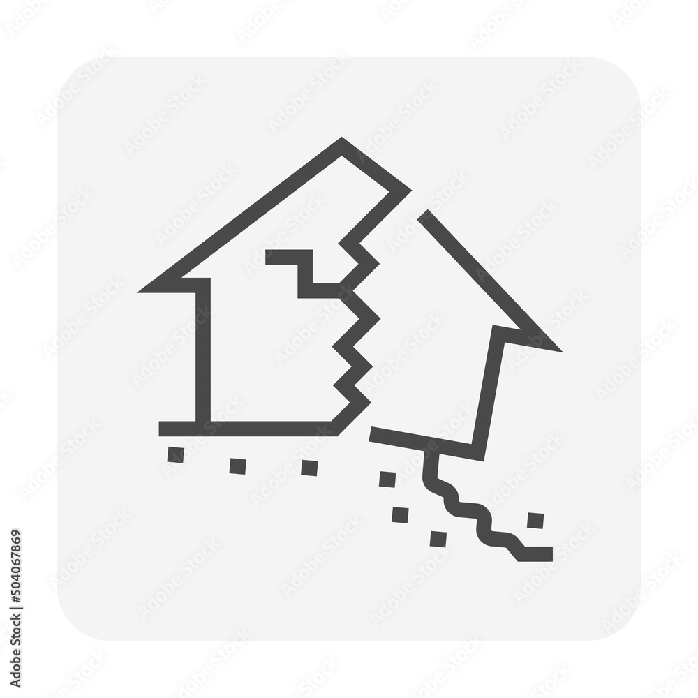 House building, ground collapse vector icon. Include debris, concrete crack, damage broken home. To destroy of natural disaster i.e. landslide, subsidence of soil, earthquake, war. Editable stroke.
House building, ground collapse vector icon. Include debris, concrete crack, damage broken home. To destroy of natural disaster i.e. landslide, subsidence of soil, earthquake, war. Editable stroke.