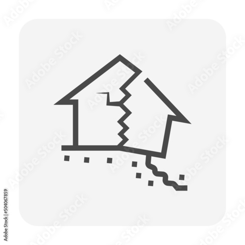 House building and ground collapse vector icon. Include debris, rubble, concrete crack, damage broken home. To destroy, destruction from natural disaster i.e. landslide, subsidence of soil, earthquake