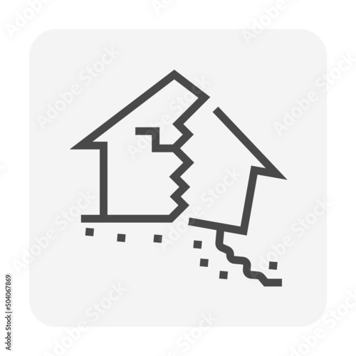 House building, ground collapse vector icon. Include debris, concrete crack, damage broken home. To destroy of natural disaster i.e. landslide, subsidence of soil, earthquake, war. Editable stroke.
