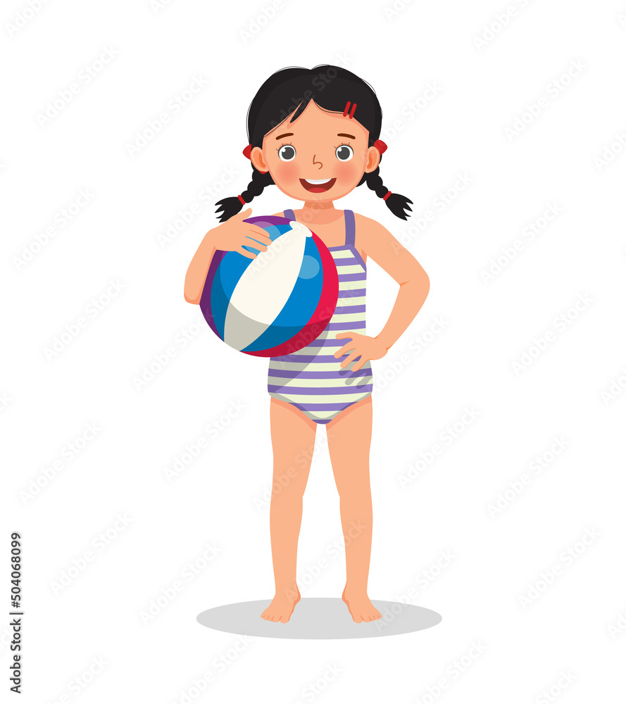 happy cute little girl with swimsuit holding inflatable beach ball with hand on waist pose having fun on summer time