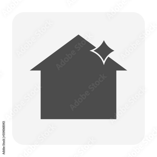 Roof and house building exterior new clean vector icon. Concept to wash services, cleanup by professional business to remove moss, dirty, leaves, leaf fall, debris, lichen. Good drain to rain gutter.

