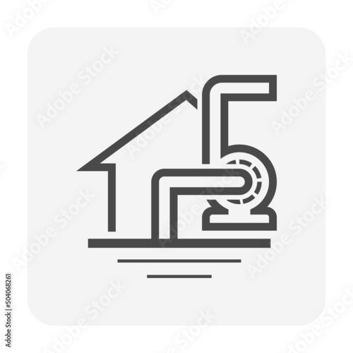 Home house or residential building in flood zone vector icon. Include pump station, hose pipe, pipeline. Natural disaster from rain, storm, hurricane, weather. To control, remove, drain, proof water.
