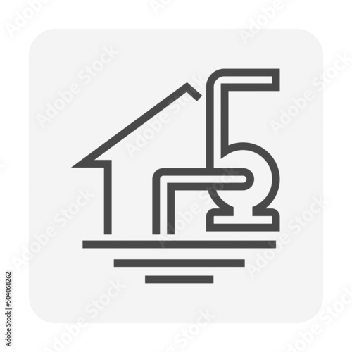 Home house or residential building in flood zone vector icon. Include pump station, hose pipe, pipeline. Natural disaster from rain, storm, hurricane. To control, remove, drain water. Editable stroke.