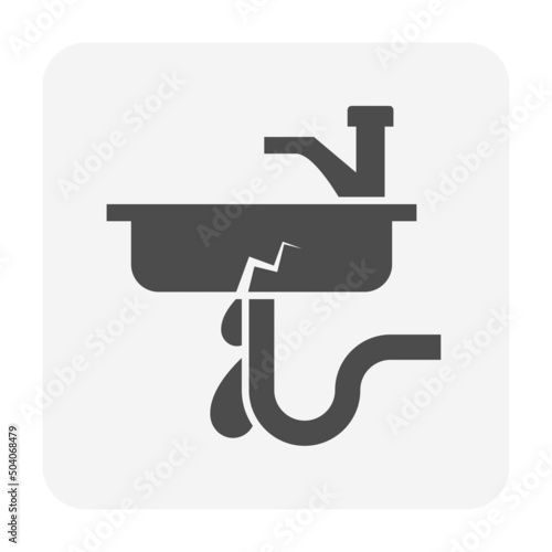 Water leak under sink drain or basin vector icon. Include faucet, siphon pipe, trap. Caused of damage, broken, clogged. Plumbing problem in kitchen, bathroom for fix, repair, maintenance by plumber.
