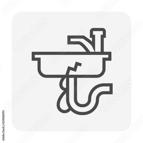 Water leak under sink drain or basin vector icon. Include faucet, siphon pipe, trap. Caused of damage, broken, clogged, burst. Plumbing problem for fix, repair, maintenance by plumber. Editable stroke