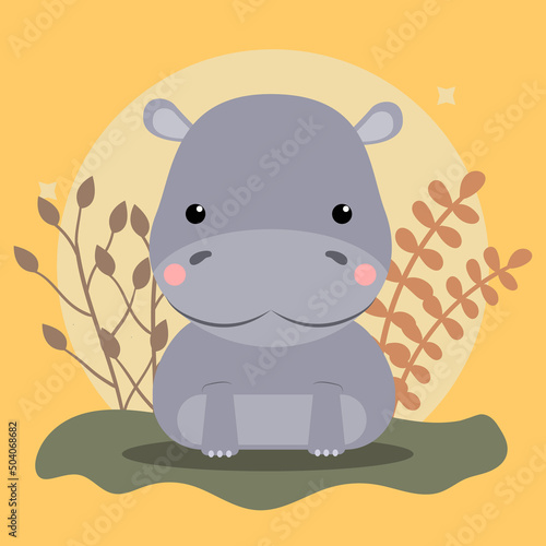 cute baby hippo on leaves background illustration