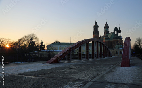 Sunset with Jordan bridge and cathedral - Poznan, Poland