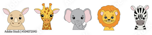 Cute vector portraits giraffe, elephant and zebra in cartoon style. Drawing african baby wild cat face isolated on white background. Illustration for kids poster and card. Jungle animal