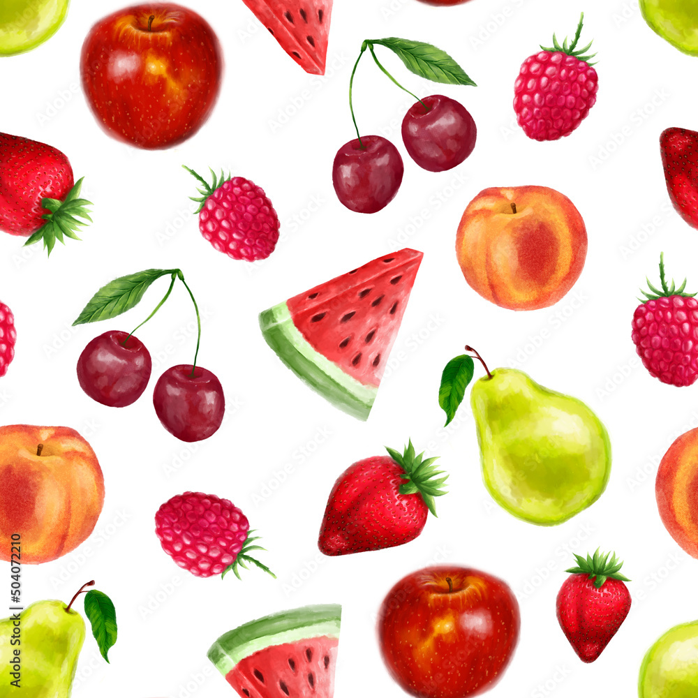 Juicy fruits seamless pattern. Bright summer design in a watercolor style. Juicy fruits seamless pattern. Bright summer design in a watercolor style.