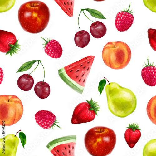 Fototapeta Naklejka Na Ścianę i Meble -  Juicy fruits seamless pattern. Bright summer design in a watercolor style.