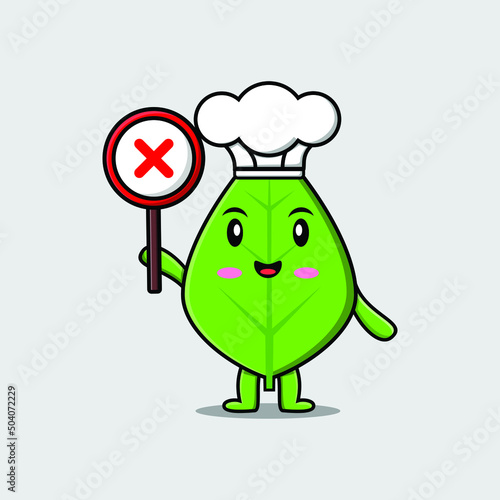 cute cartoon green leaf holding wrong sign in vector fruit character illustration