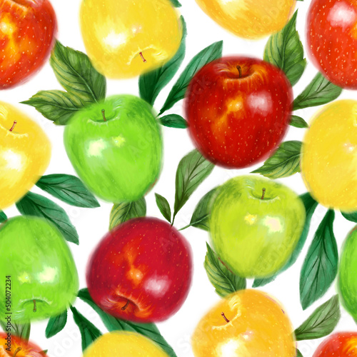 Juicy apples seamless pattern. Bright summer design in a watercolor style.