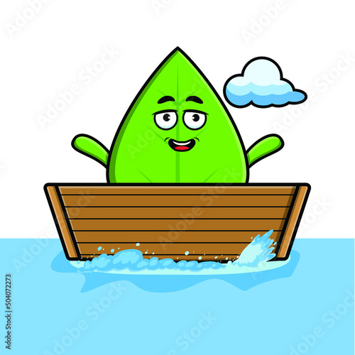 cute cartoon green leaf get on boat in vector character illustration