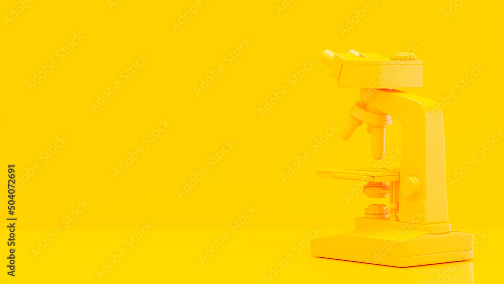 Yellow microscope in yellow lab. Space for banner and logo. Minimal and laboratory background concept, 3D Render.