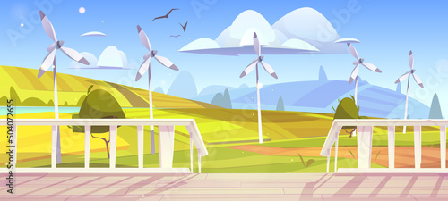 Rural landscape with wind turbines and white wooden house porch. Vector cartoon illustration of summer countryside with power windmills, fields, river, road and terrace with stairs and balustrade