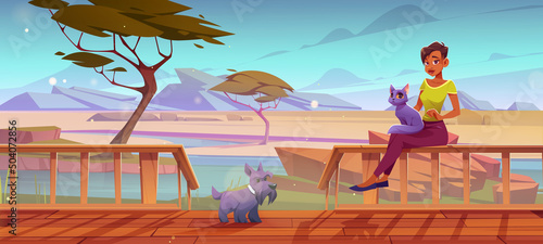 Savannah landscape with wooden terrace and woman with pets. Vector cartoon illustration of oasis in african desert with acacia trees, river and girl sitting on balustrade on terrace with cat and dog
