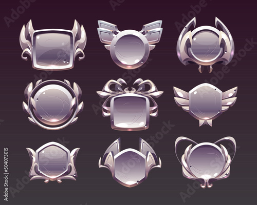 Game level metallic ui icons, empty silver or steel badges, banners with wings, spider or laurel wreath. Isolated metal award frames or bonus graphic elements, trophy achievement vector set for rpg