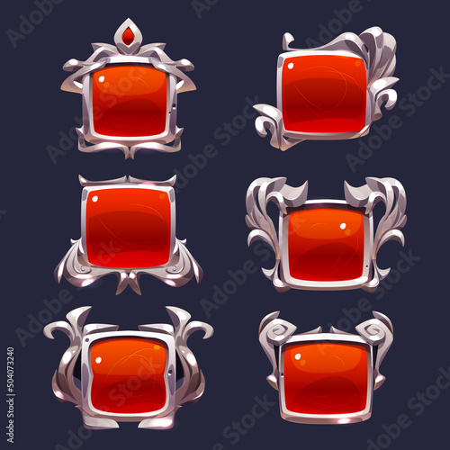 Game level ui icons, buttons, isolated award or bonus frames. Empty badges or banners with red glossy plank and silver shiny vignette, user interface graphics in medieval style Vector elements for rpg