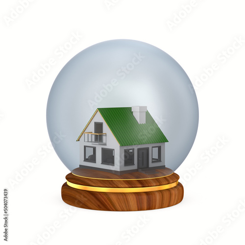glass dome with house on wooden podium. Isolated 3D illustration on white bac...