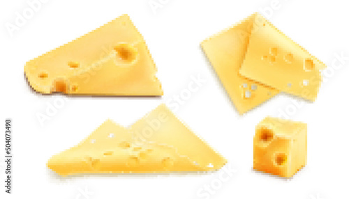 Cheese 3d realistic vector illustration. Triangle, cube or chunk and thin square slices of cheez with holes, food icons set isolated on white background
