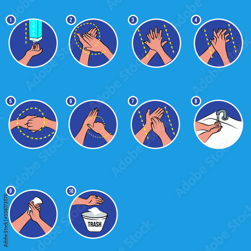 Steps to wash hands, hand cleaning vector.