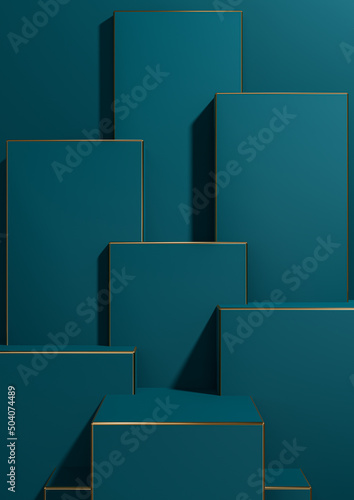 Dark teal, aqua blue 3D rendering simple, minimal, geometric background product display pedestal golden lines for luxury products wallpaper template for product advertising