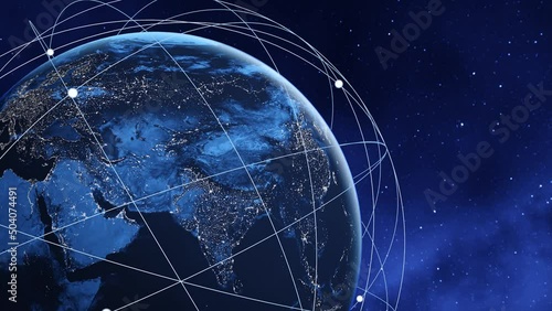 Tech earth globalization in 3d animation. Global Business dots on rotating planet.