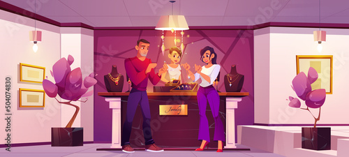 Jewelry shop with seller and customers buy gold chain and ring with diamonds. Vector cartoon illustration of people in luxury store with golden jewellery, necklaces on mannequins and marble counter