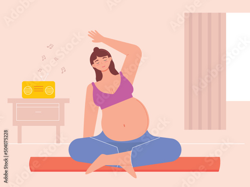 Pregnant woman is exercising. Exercise for pregnancy. Yoga vector illustration.