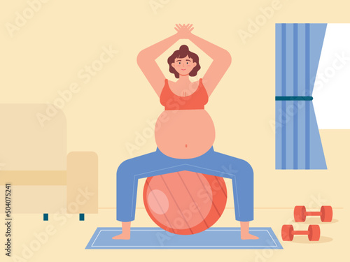 Exercises performed by pregnant women. Indoor sports equipment. Yoga vector illustration.