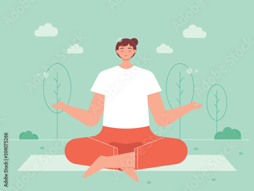 Woman on mat doing yoga exercise in park. Outdoor sports. Yoga vector illustration.