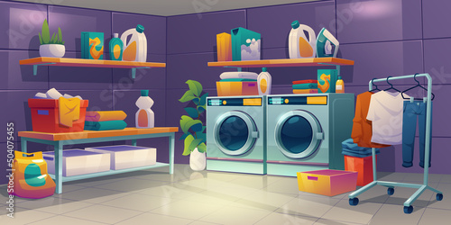 Laundry room with automatic washing and dryer machine, stacks of clean fold towels, clothes on rack, detergents, baskets and iron on shelves. Vector cartoon illustration of home or public laundromat