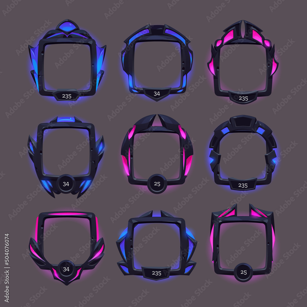 Futuristic frames of black metal border for avatar in game interface with level or grade. Vector cartoon set of gui elements in sci fi style, empty frames with blue and pink glow - obrazy, fototapety, plakaty 