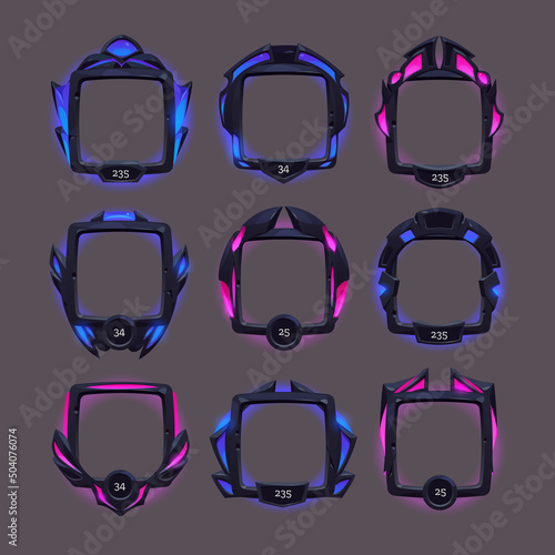 Futuristic frames of black metal border for avatar in game interface with level or grade. Vector cartoon set of gui elements in sci fi style, empty frames with blue and pink glow