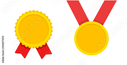 Medal gold award flat icon vector or blank empty golden achievement medallion hanging yellow with red ribbon isolated on white background cut out graphic illustration, winner 1st place trophy template