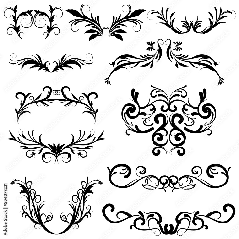 set of swirl border calligraphy and dividers decorative vector in vintage style on white background, collection retro element in black line doodle hand drawn illustration design