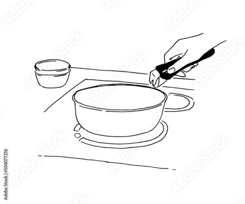 鍋を片付けるイラスト　シンプルな線画イラスト　キッチン