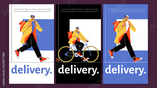 Delivery posters with man courier with backpack walk and ride on bike. Vector vertical banners of fast shipping service with flat illustration of deliver man carry parcel or order