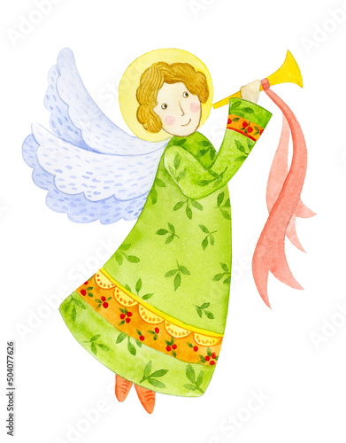 Watercolor illustration of a flying angel with a trumpet. The sweet angel smiles and flies.